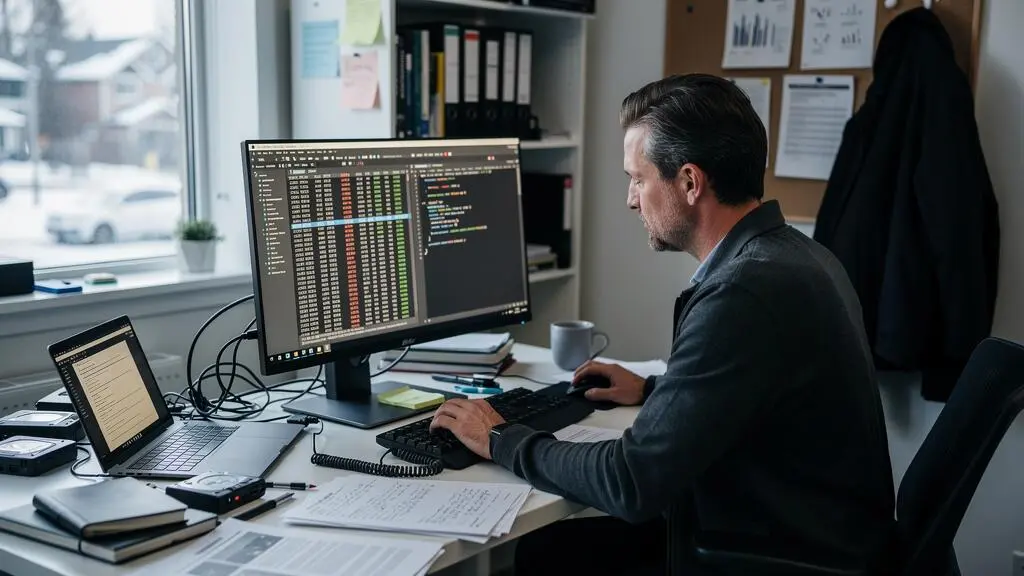 Analyste de données corrige manuellement des incohérences dans un grand jeu de données sur son bureau.