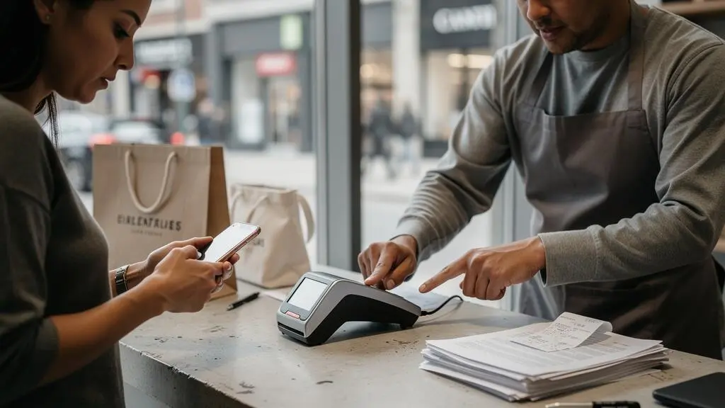 Une cliente échange avec une employée derrière le comptoir d'un magasin, toutes deux regardant un écran pendant une transaction.
