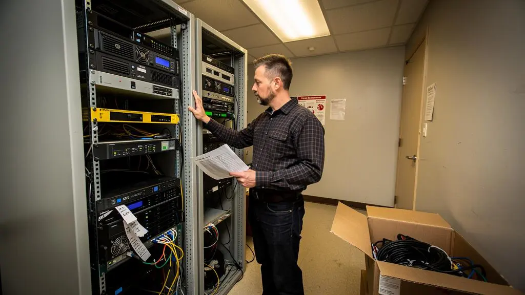 Un technicien informatique inspecte un vieux rack de serveurs dans une petite salle technique de PME, une liste de vérification à la main.